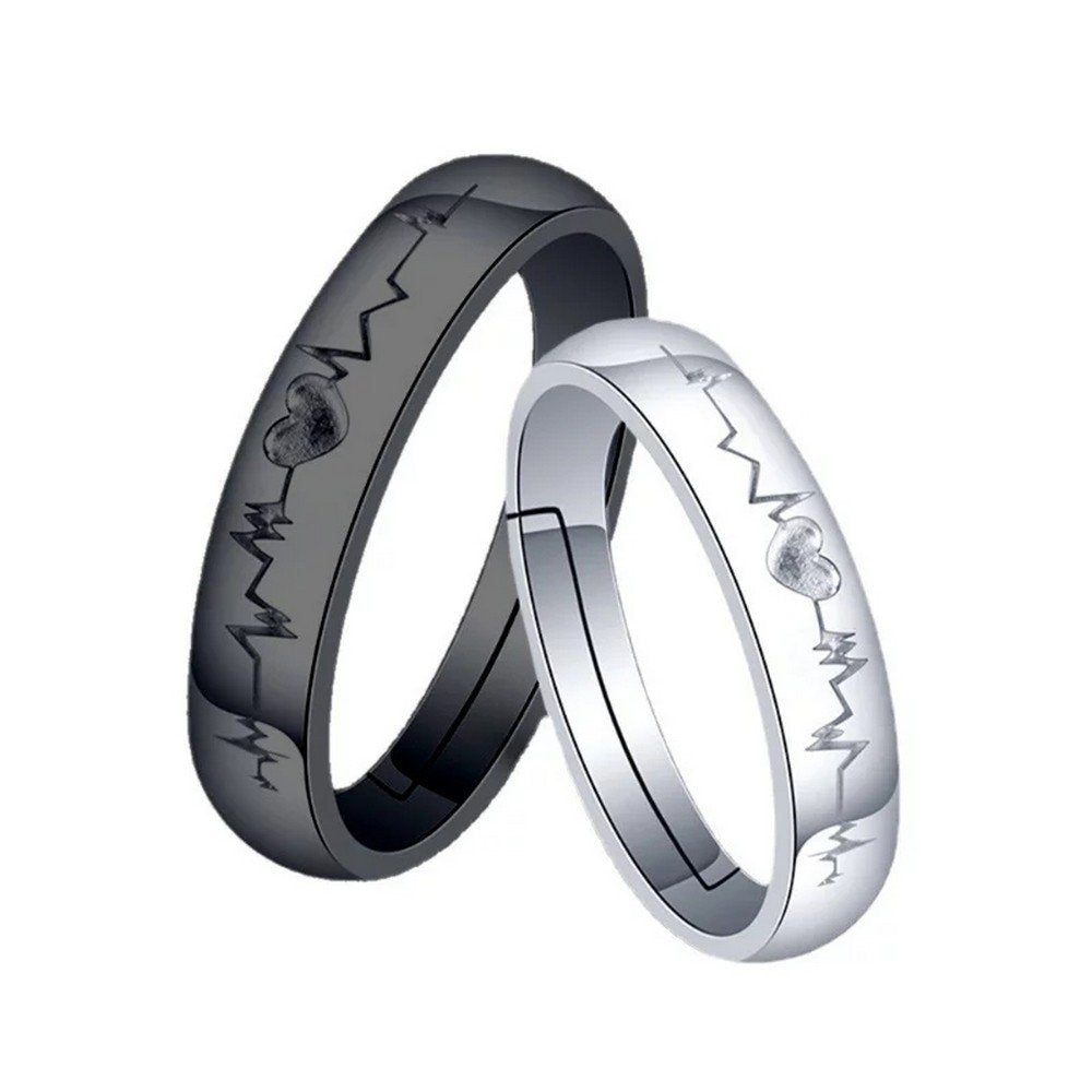 Black and Silver Heartbeat Couple Ring Set image 2