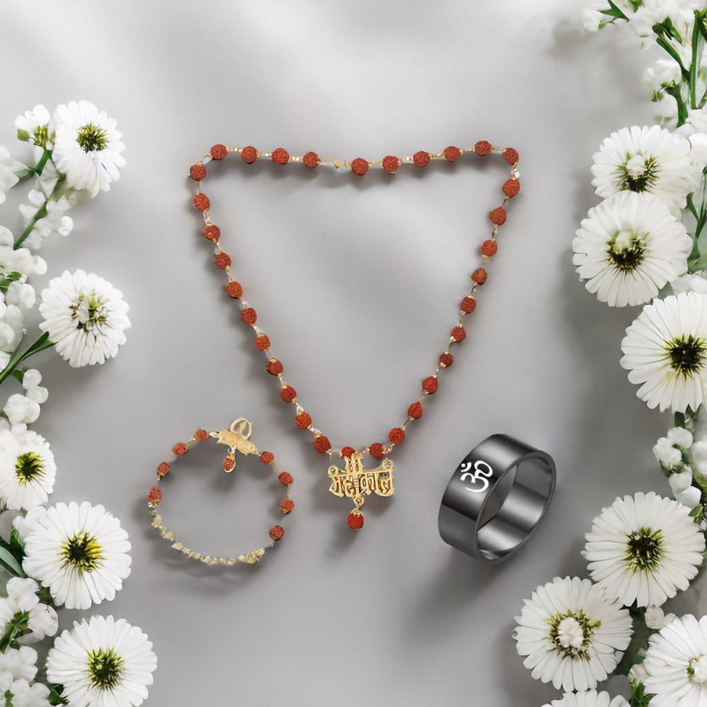 Men's Gold-Plated Rudraksh Mahakal Pendant Necklace & Rudraksh Bracelet Black Ring Combo Set image 1