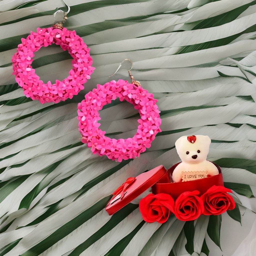 Combo for Women Pink Hoop Earrings & Red Teddy Bear image 0