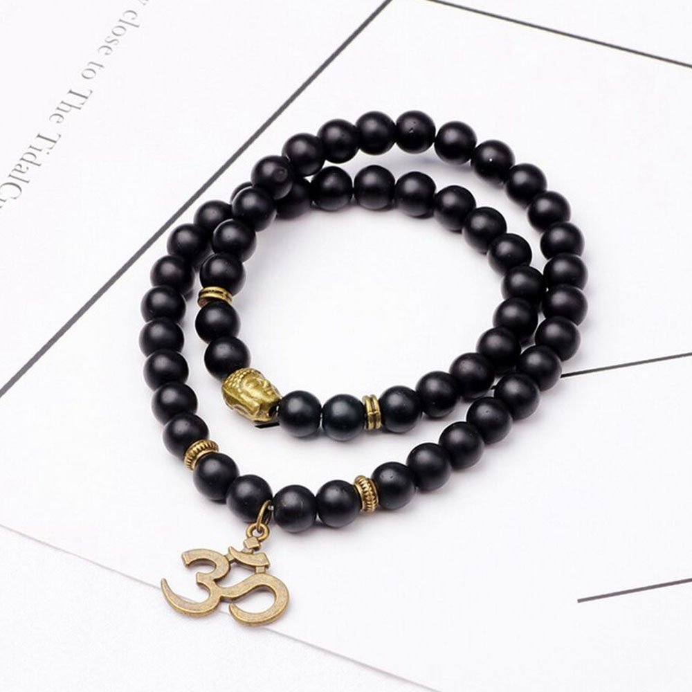 2PCs Matte Black Beads OM Buddha Onyx Bracelet for Men & Women image 0