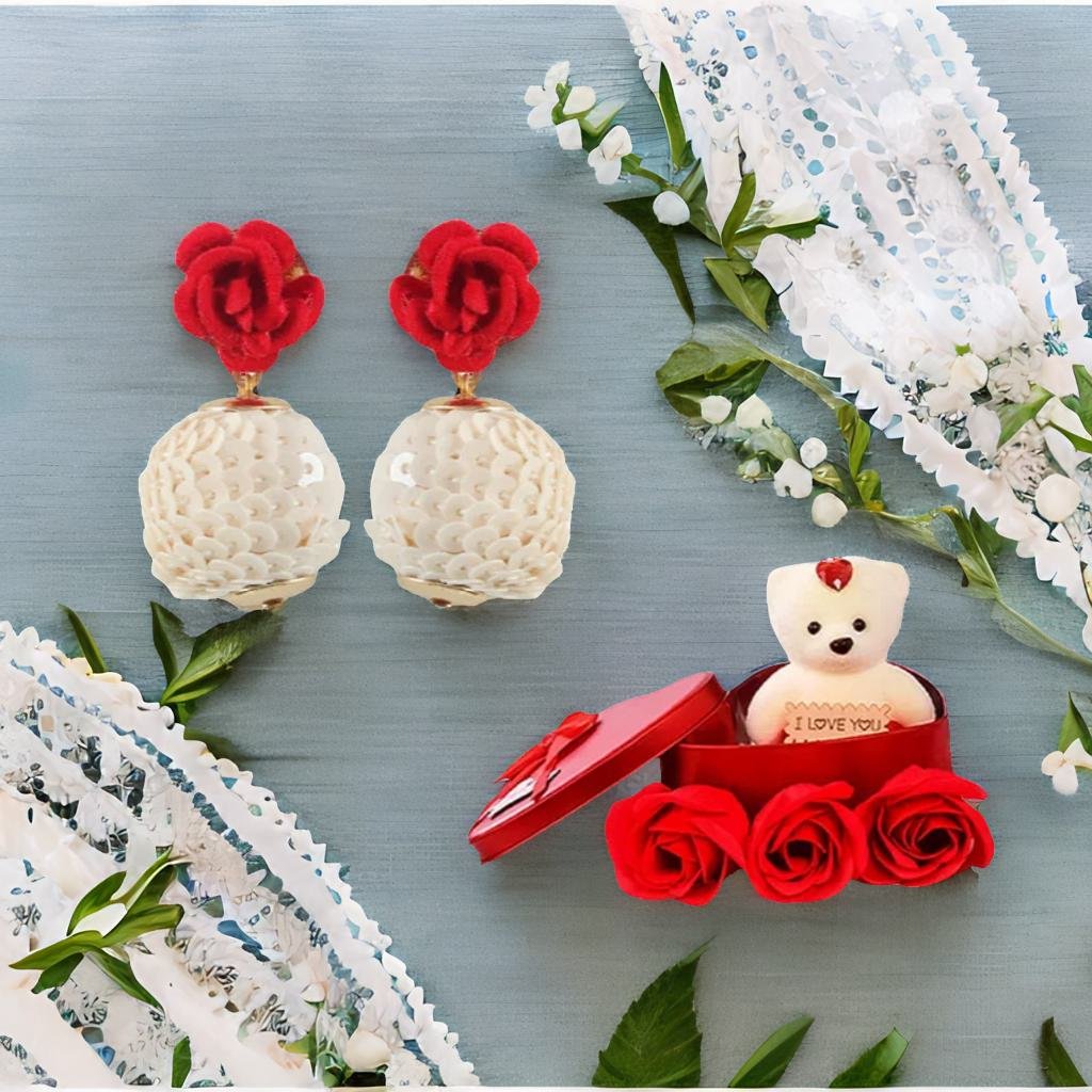Red Rose Dangle Earrings & Red Teddy Bear Combo Gift Set image 1