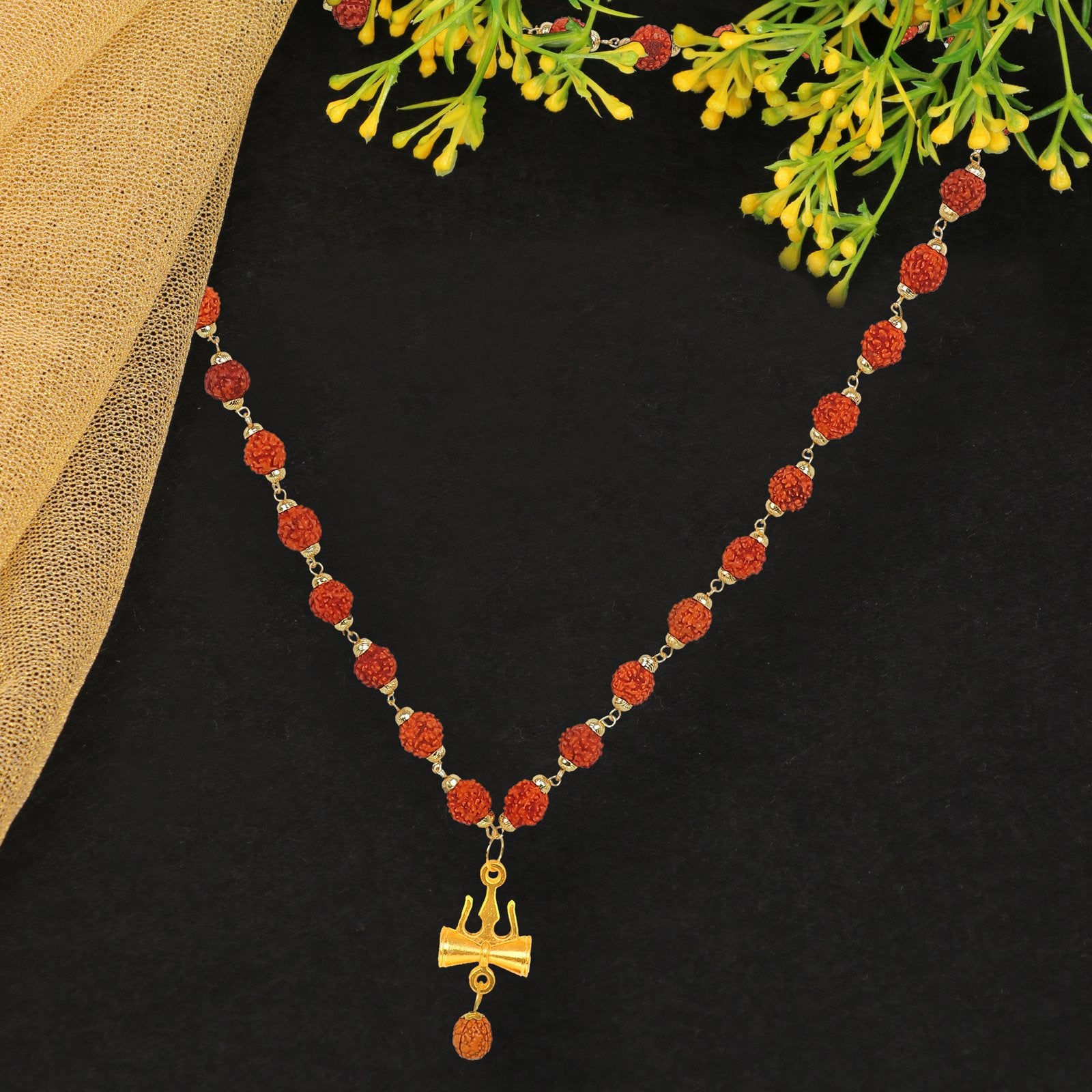 Men's Gold-Plated Rudraksh Trishul Pendant Necklace & OM Golden Ring Combo Set image 4