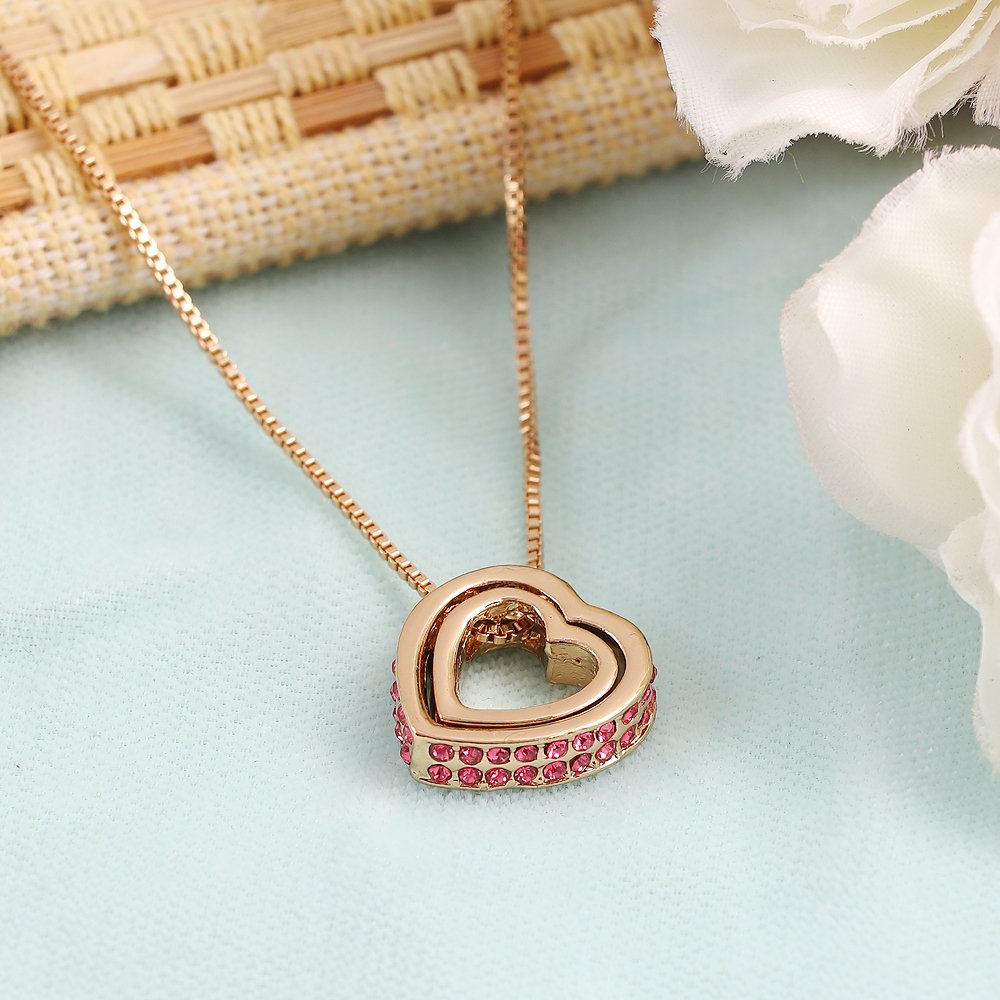 Double Gold-Plated Royal Pink Crystal Heart Pendant Necklace image 2