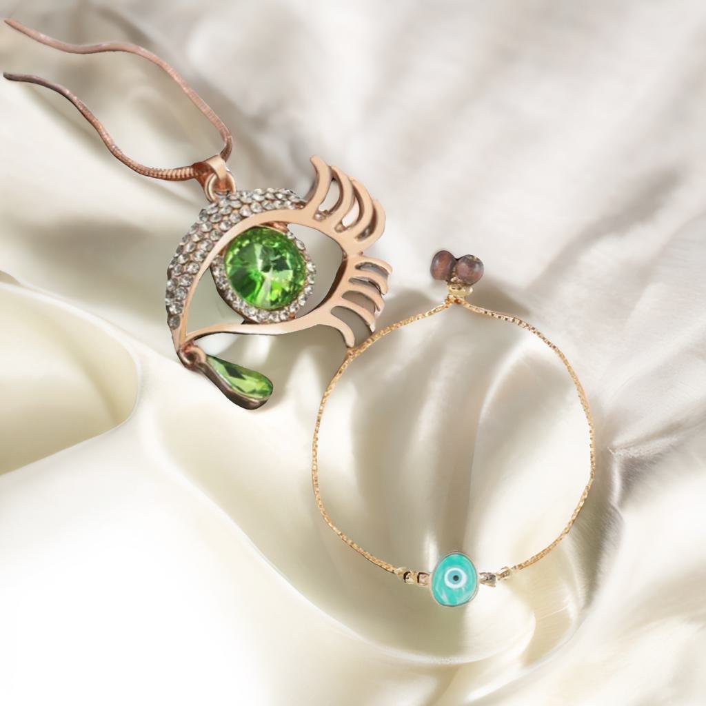 Valentine's Day Jewelry Gift Set Angel Green Eye Pendant Chain Necklace with Green Bracelet image 1