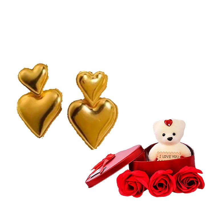 Gold Heart Earrings with Red Teddy Bear Gift Combo Set image 2