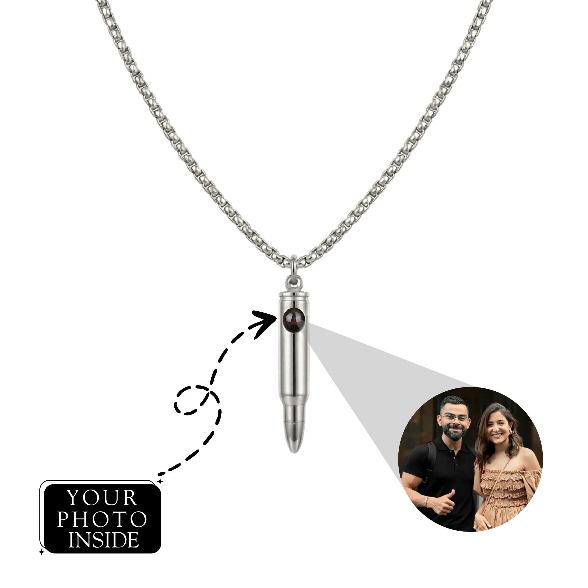 Personalized Bullet Photo Projection Necklace with Hidden Picture