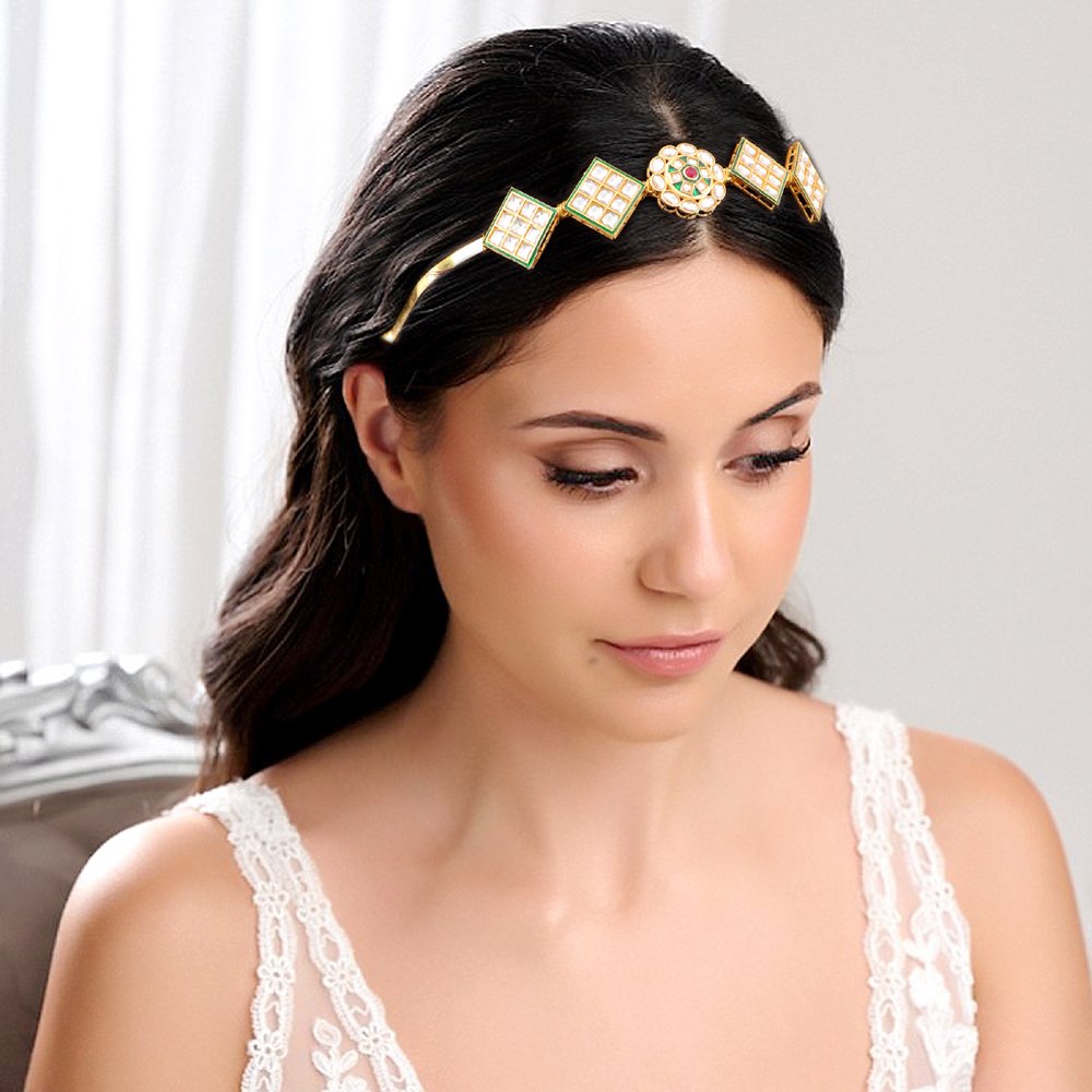 Gold-Plated Kundan Sheeshphool Hairband with Free Brooch Gift image 1