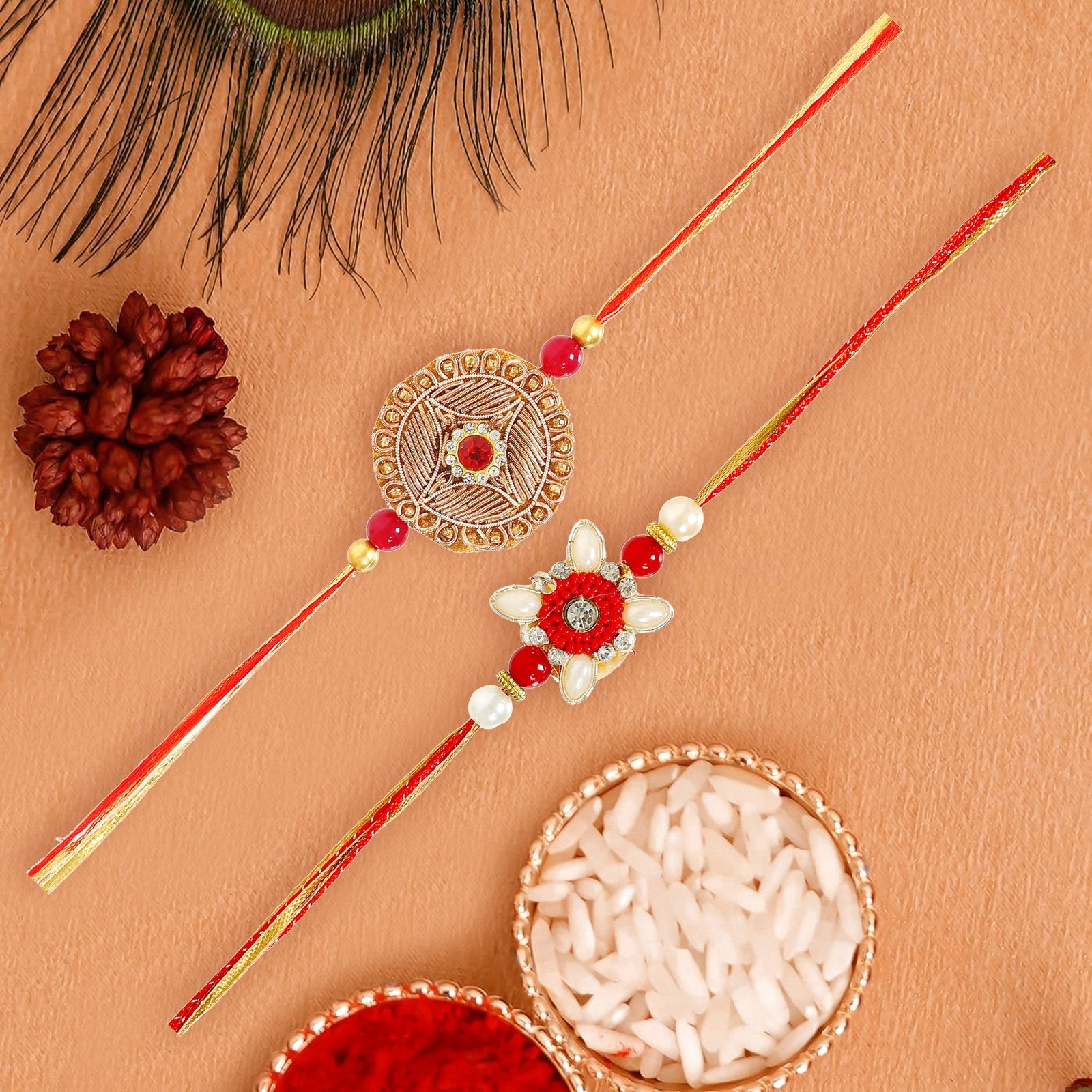 2 PCs Kundan Beaded Rakhi Set for Bhaiya/Brother image 0