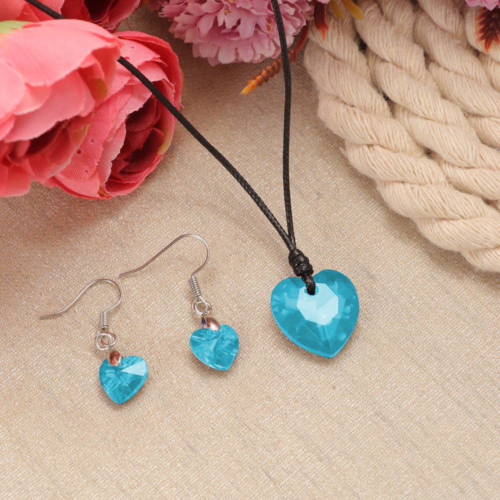 Blue Crystal Heart Pendant Necklace and Earrings Set image 0