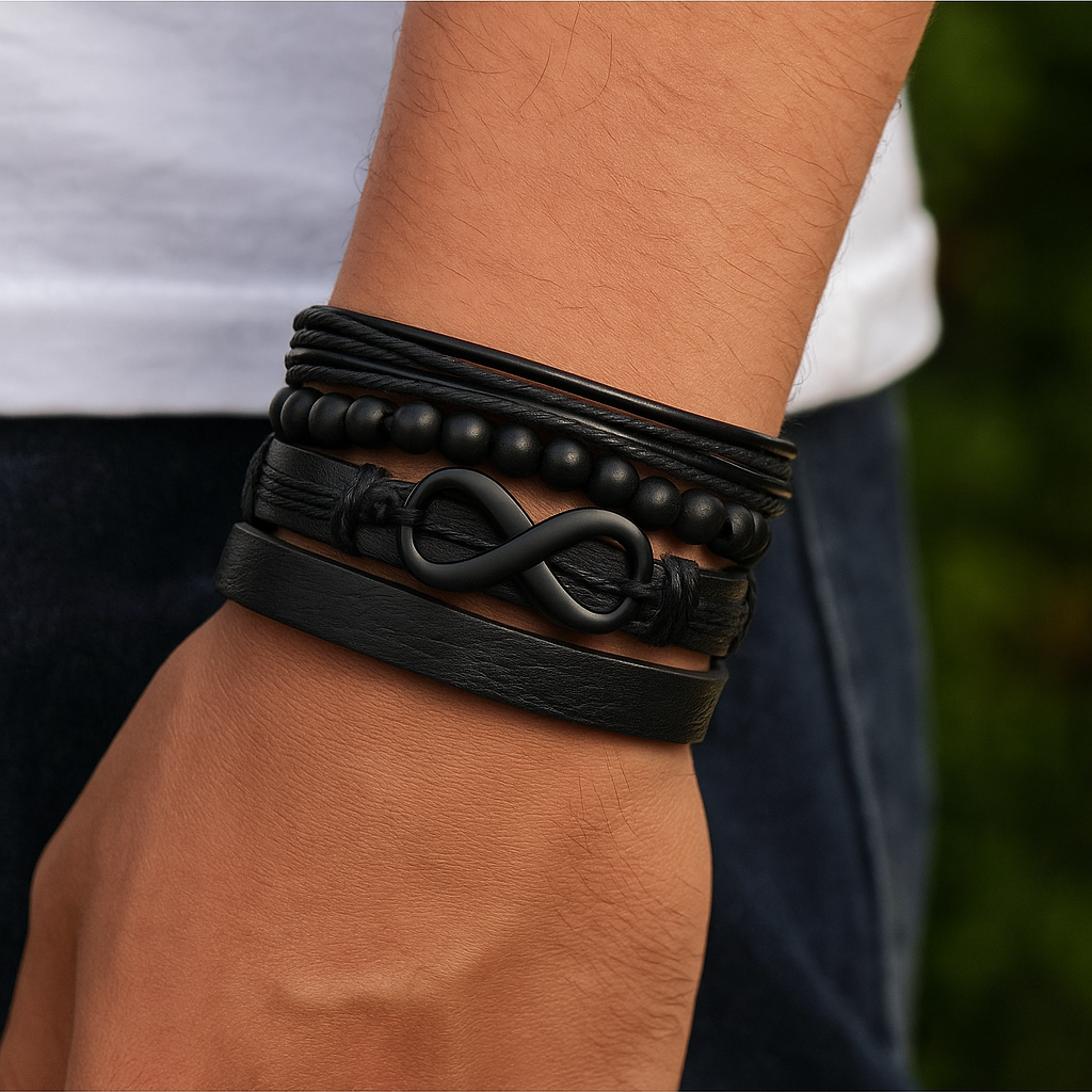 Pack of 4 Black Infinity Symbol Leather Bracelet Set for Men