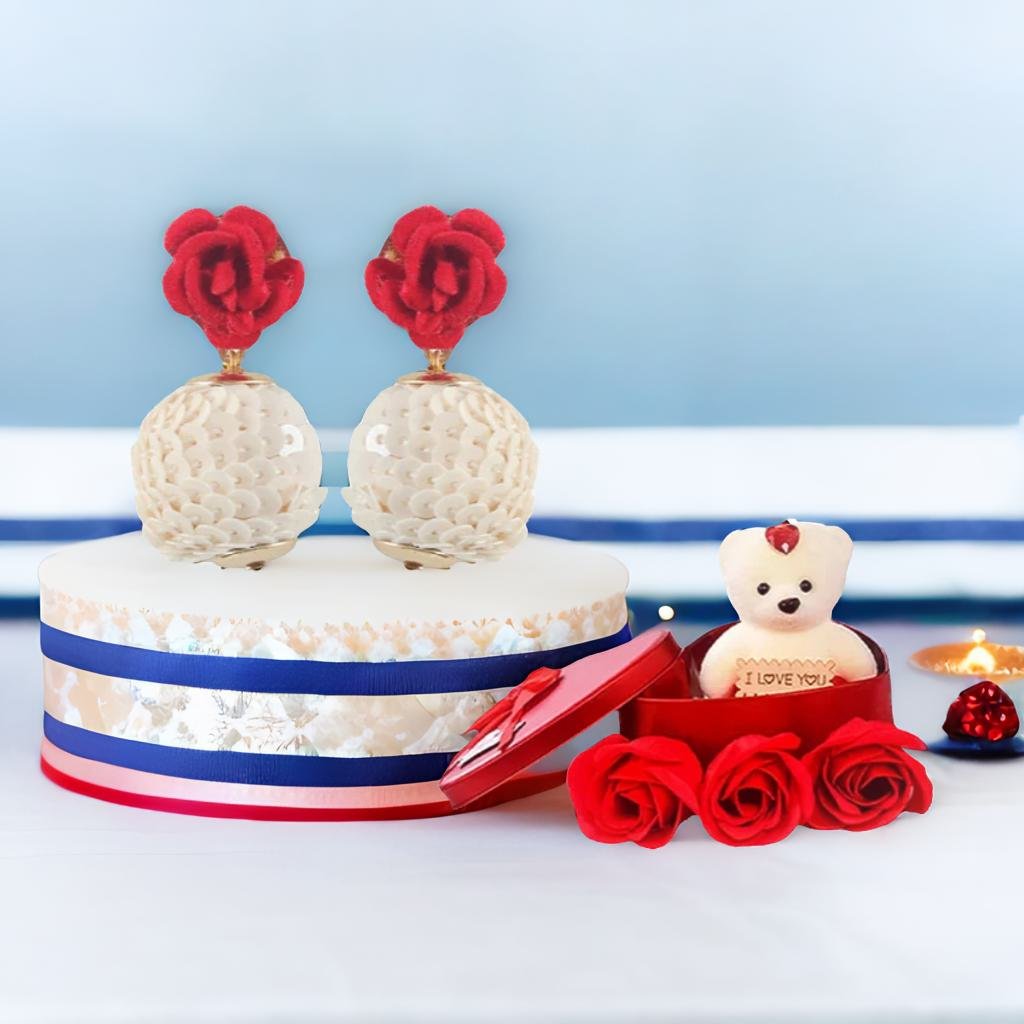 Red Rose Dangle Earrings & Red Teddy Bear Combo Gift Set image 3