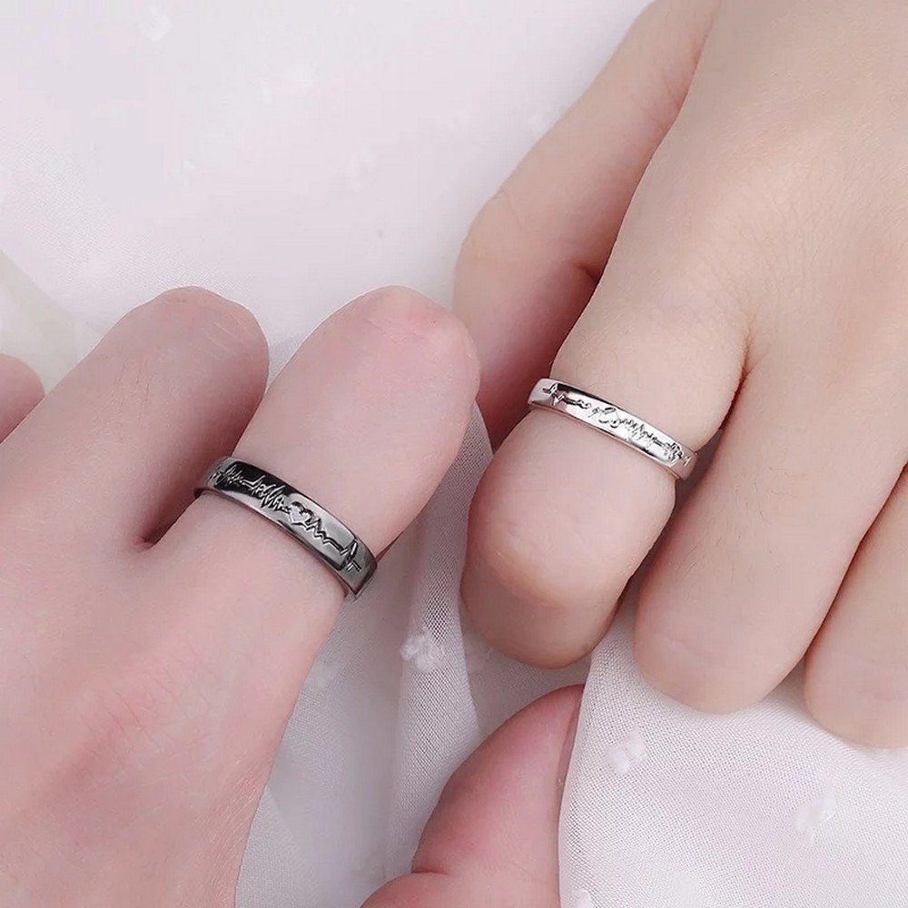 Black and Silver Heartbeat Couple Ring Set image 1