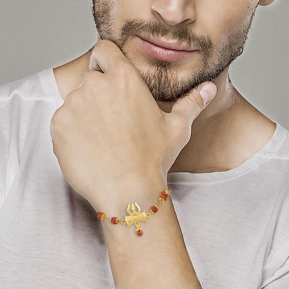Men's Gold-Plated Rudraksh Trishul Pendant Necklace & Rudraksh Bracelet Golden Ring Combo Set image 2