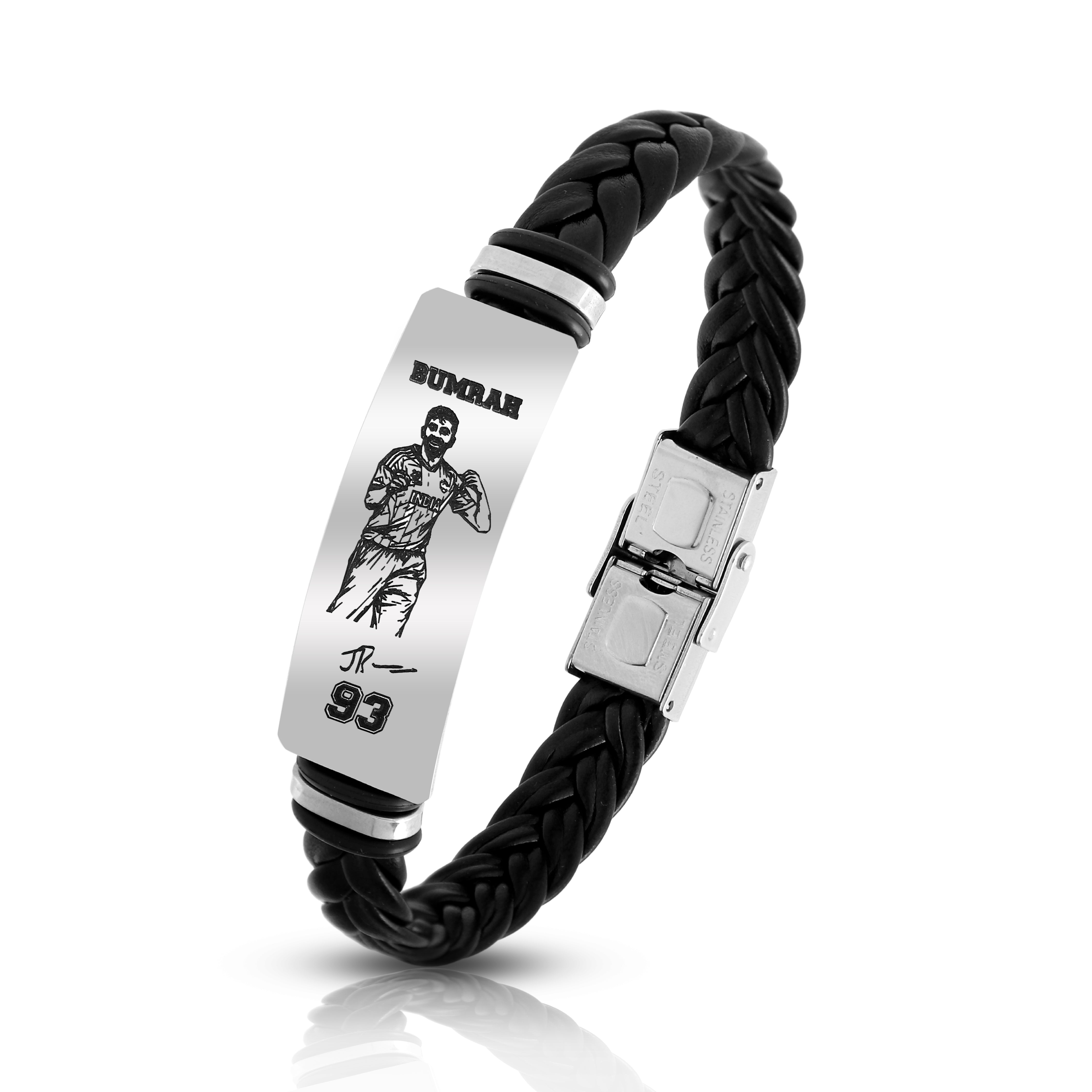 Jasprit Bumrah 93 Signature Leather Bracelet for Men | Premium Braided Black Leather Wristband | Stainless Steel Cricket Fan Bracelet Gift