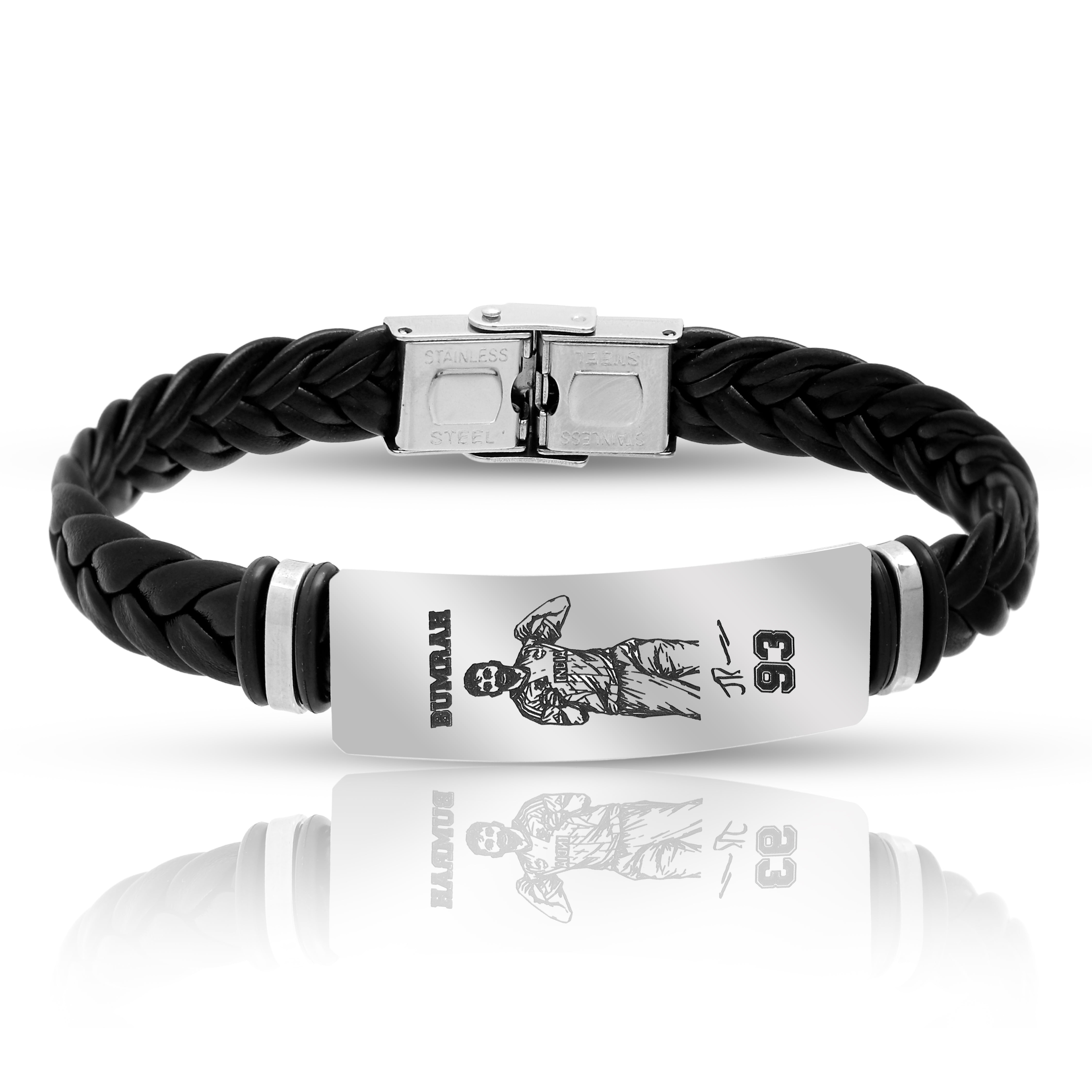 Jasprit Bumrah 93 Signature Leather Bracelet for Men | Premium Braided Black Leather Wristband | Stainless Steel Cricket Fan Bracelet Gift