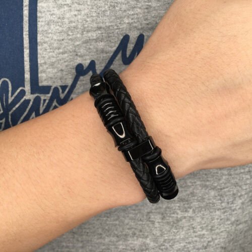 Men's Black Beaded Wrap Band Bracelet image 1
