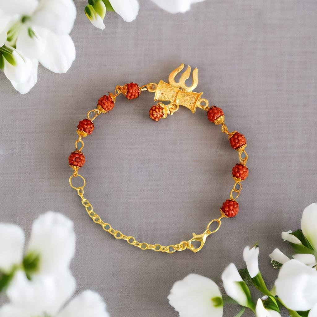 Men's Gold-Plated Rudraksh Trishul Pendant Necklace & Rudraksh Bracelet Golden Ring Combo Set image 3