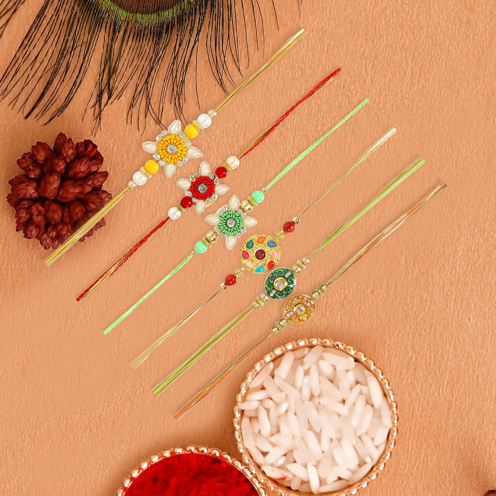 Pack of 6 Assorted Combo Beaded Rakhi Set for Bhaiya/Brother image 0