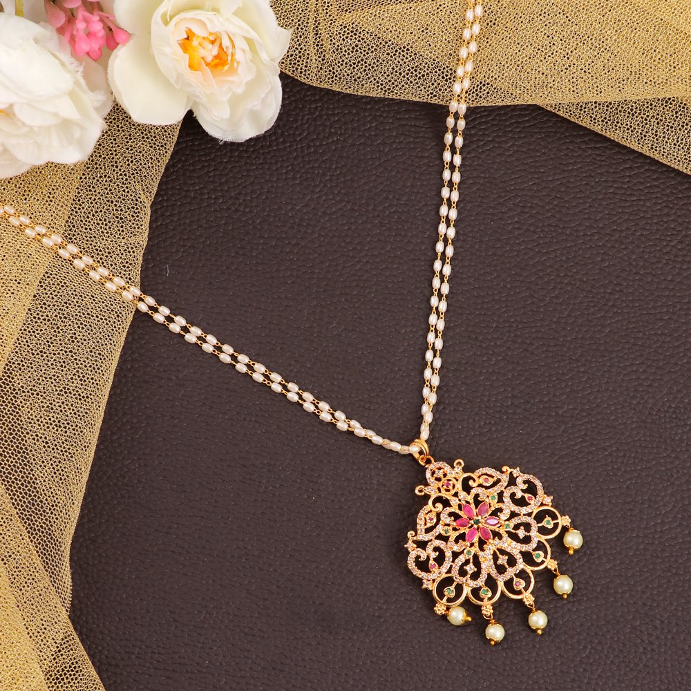 American Diamond (A/D) Pearl Studded Gold-Plated Necklace image 0