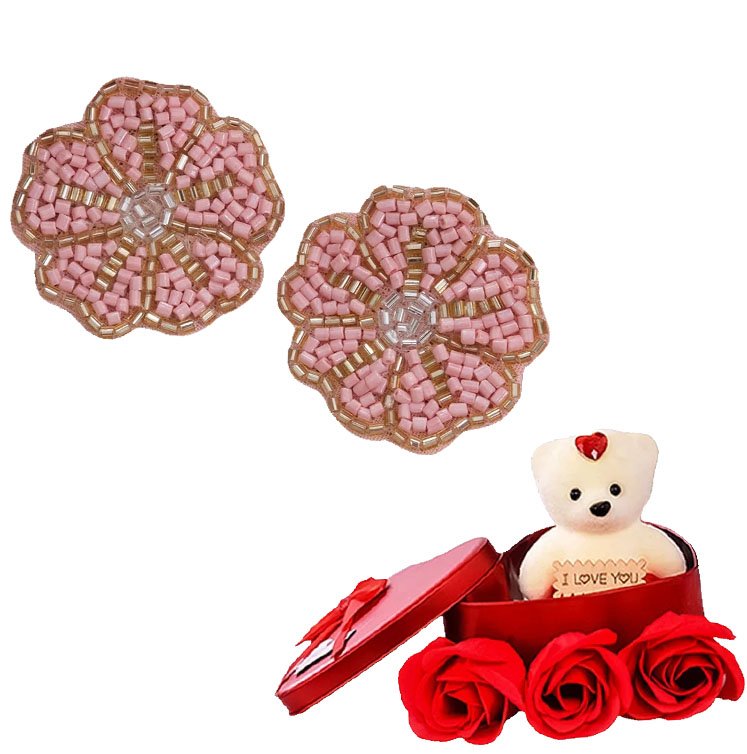 Women Handcrafted Floral Earrings & Red Teddy Gift Set image 3