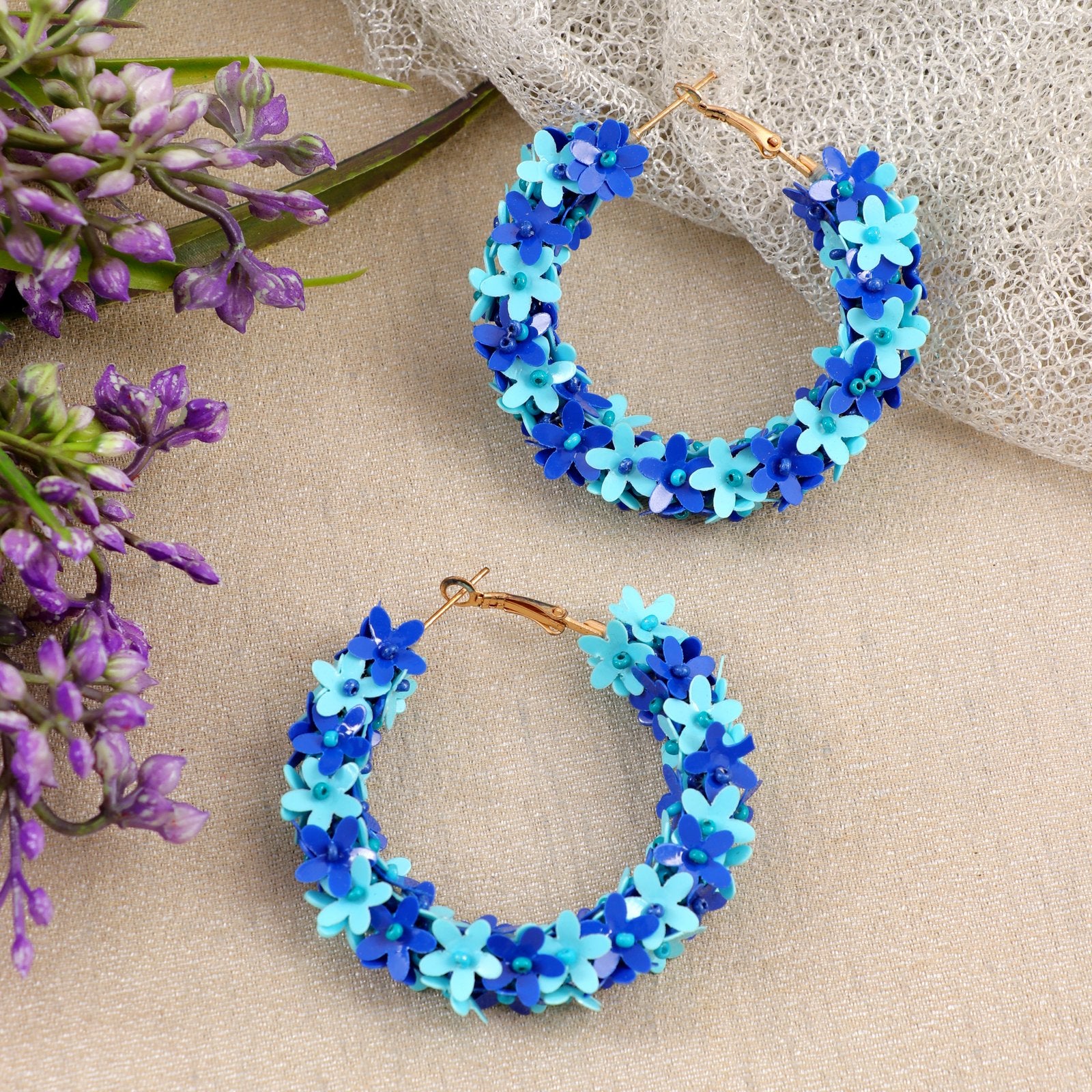 Beaded Blue Floral Hoop Earrings image 0