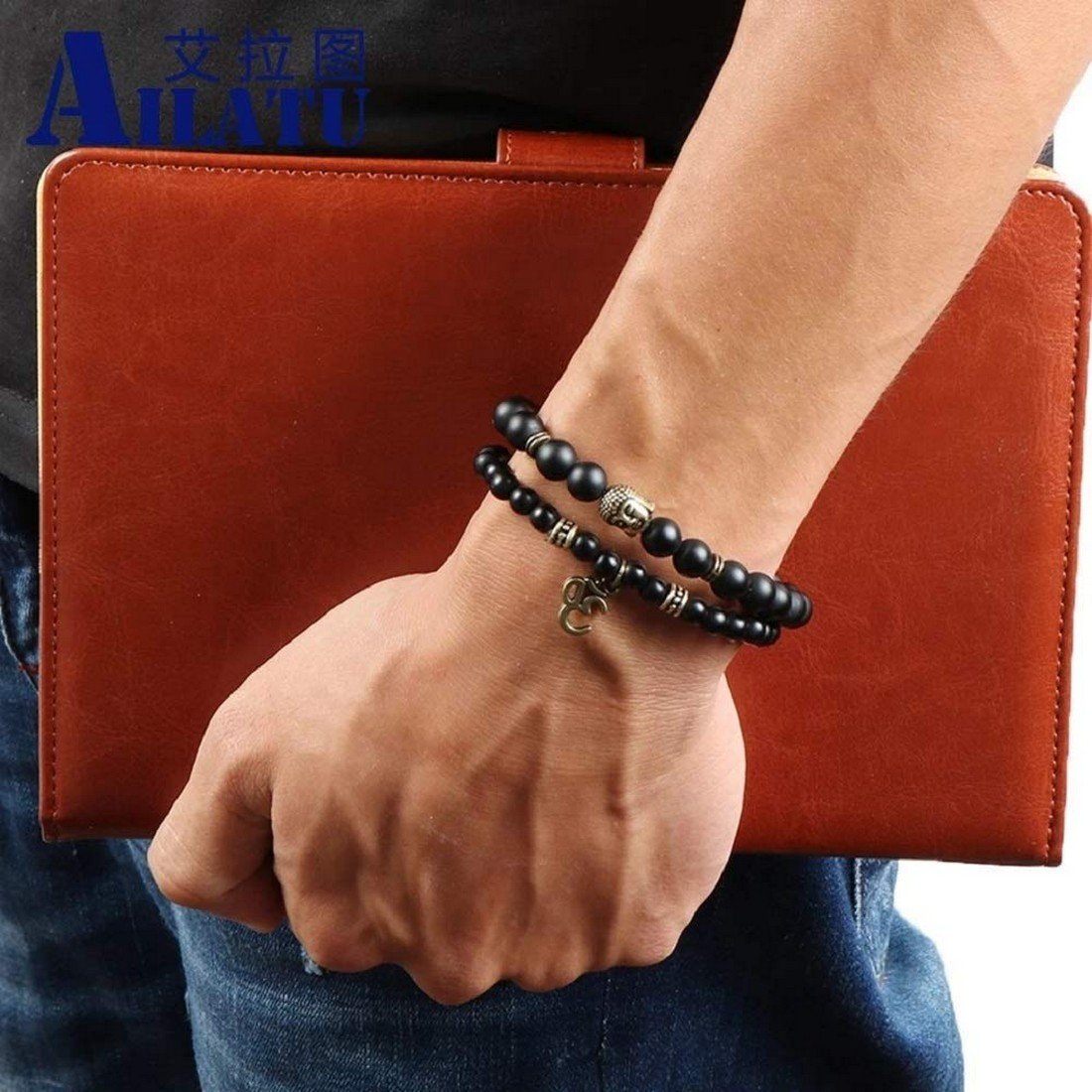 2PCs Matte Black Beads OM Buddha Onyx Bracelet for Men & Women image 2