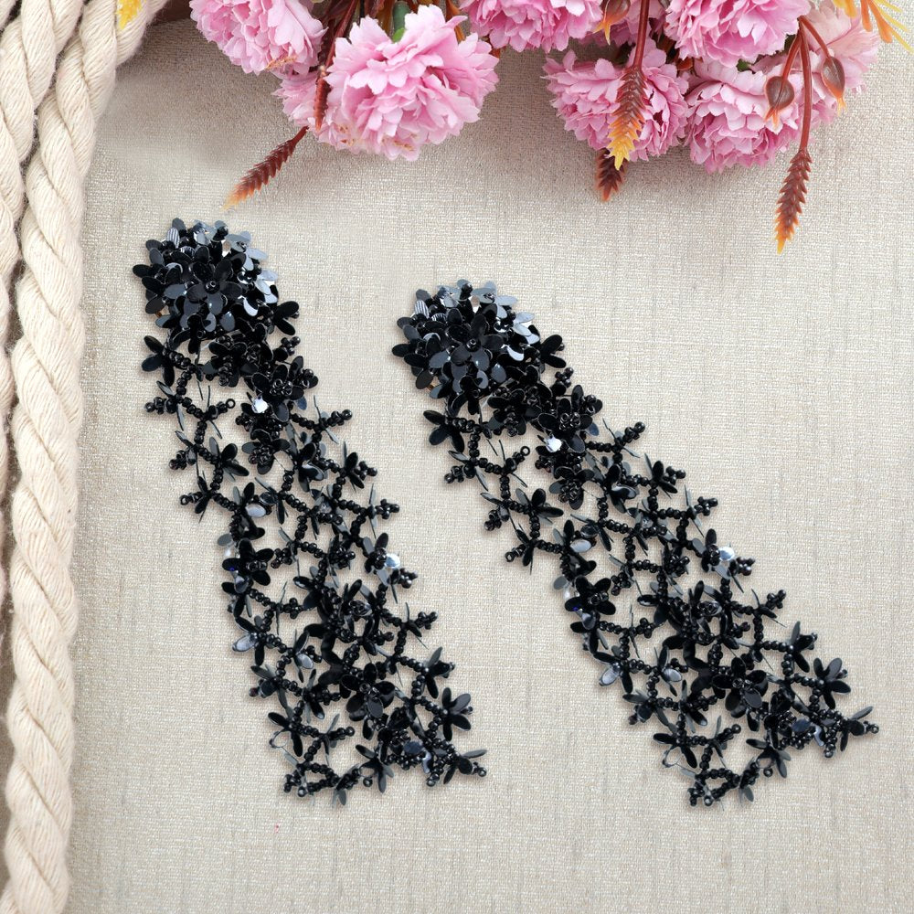 Black Beaded Tassel Dangler Earrings image 1