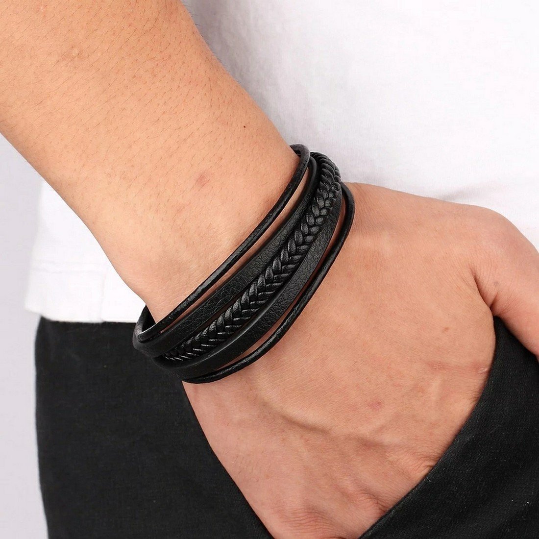 2 PCs Combo - Anchor Rope & Black Leather Magnetic Clasp Bracelet Set image 2