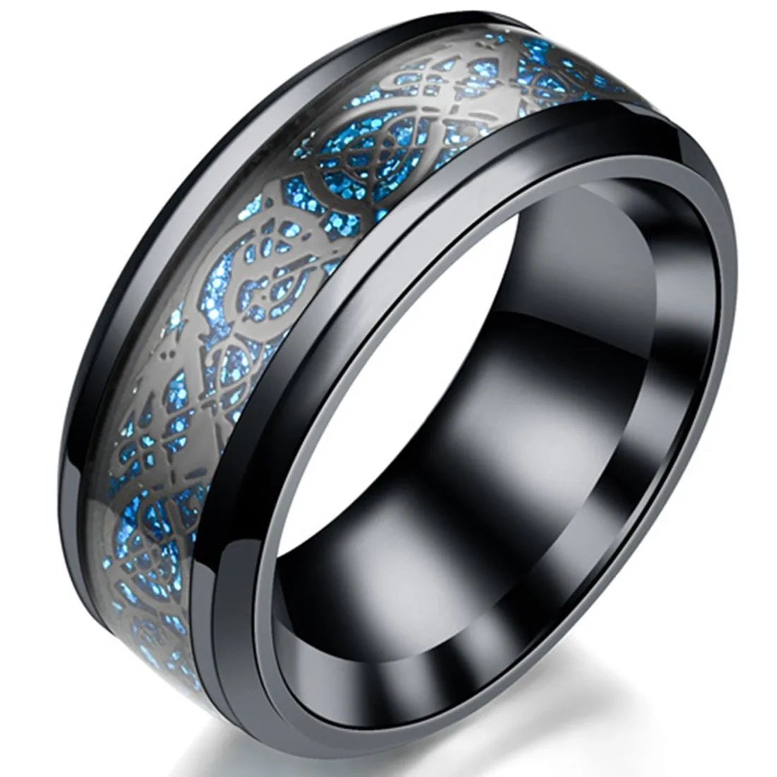 Men's Black Metal Dragon Blue Crystal Ring image 2