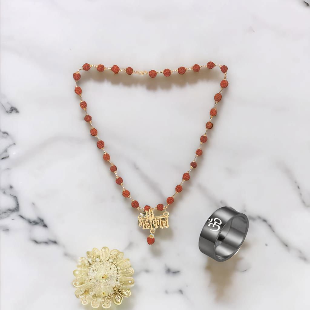 Men's Gold-Plated Rudraksh Mahakal Pendant Necklace & OM Black Ring Combo Set image 1