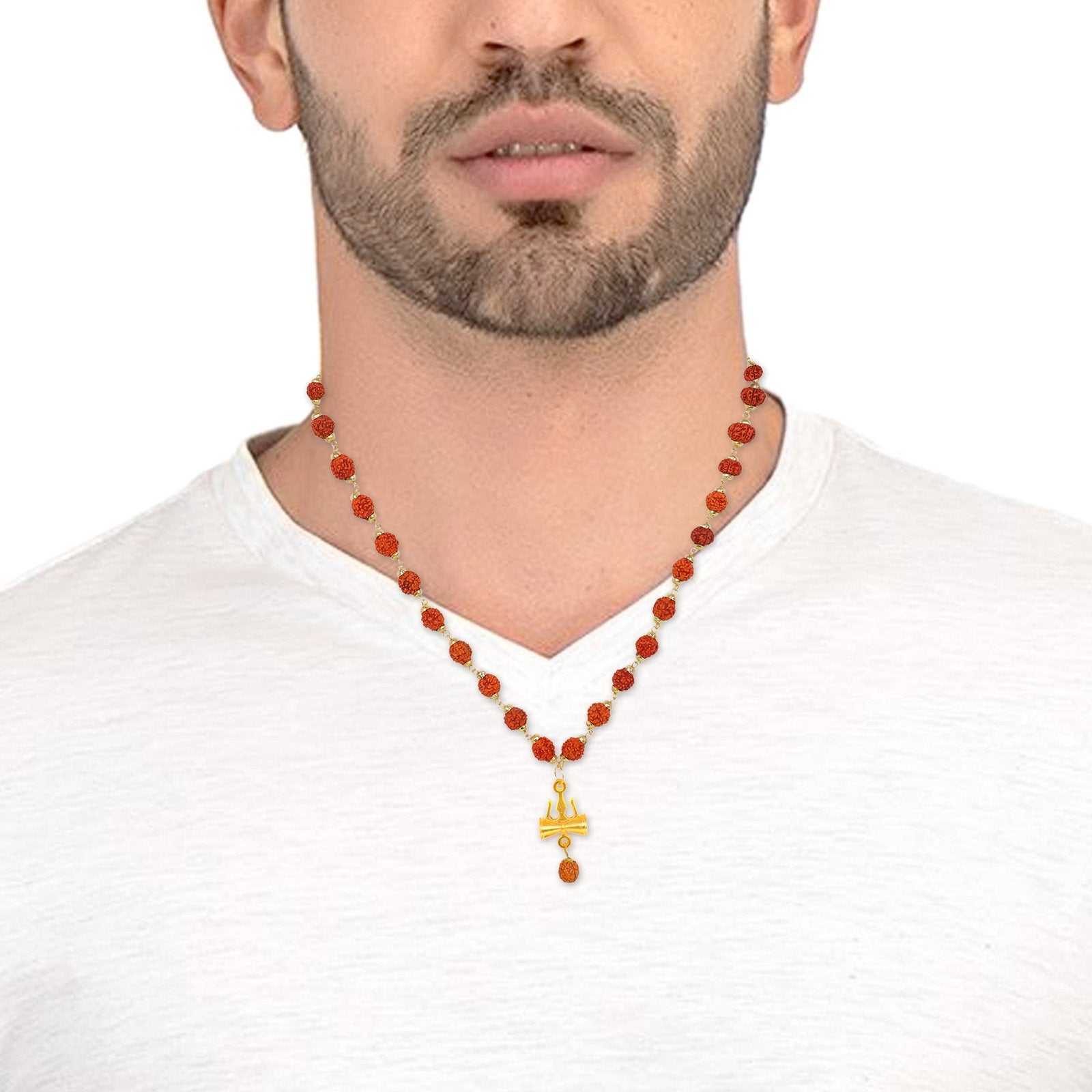 Men's Gold-Plated Rudraksh Trishul Pendant Necklace & Rudraksh Bracelet Golden Ring Combo Set image 5