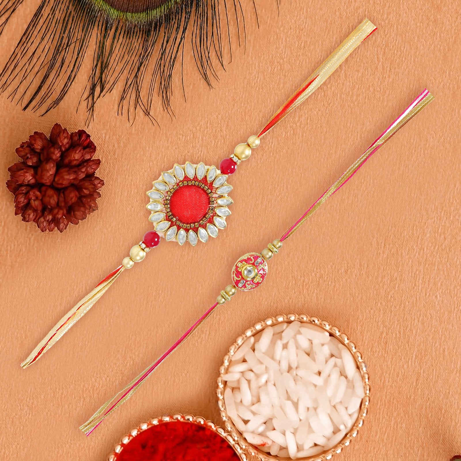 Set Of 2 Kundan Handcrafted Traditonal Rakhi Combo Set For Brother image 1