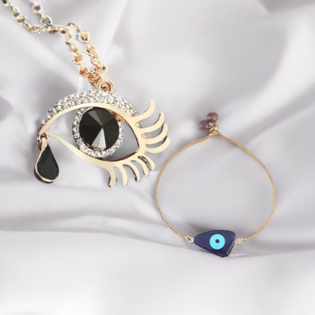 Valentine's Day Jewelry Gift Set Angel Black Eye Pendant Chain Necklace with Evil Eye Bracelet image 1
