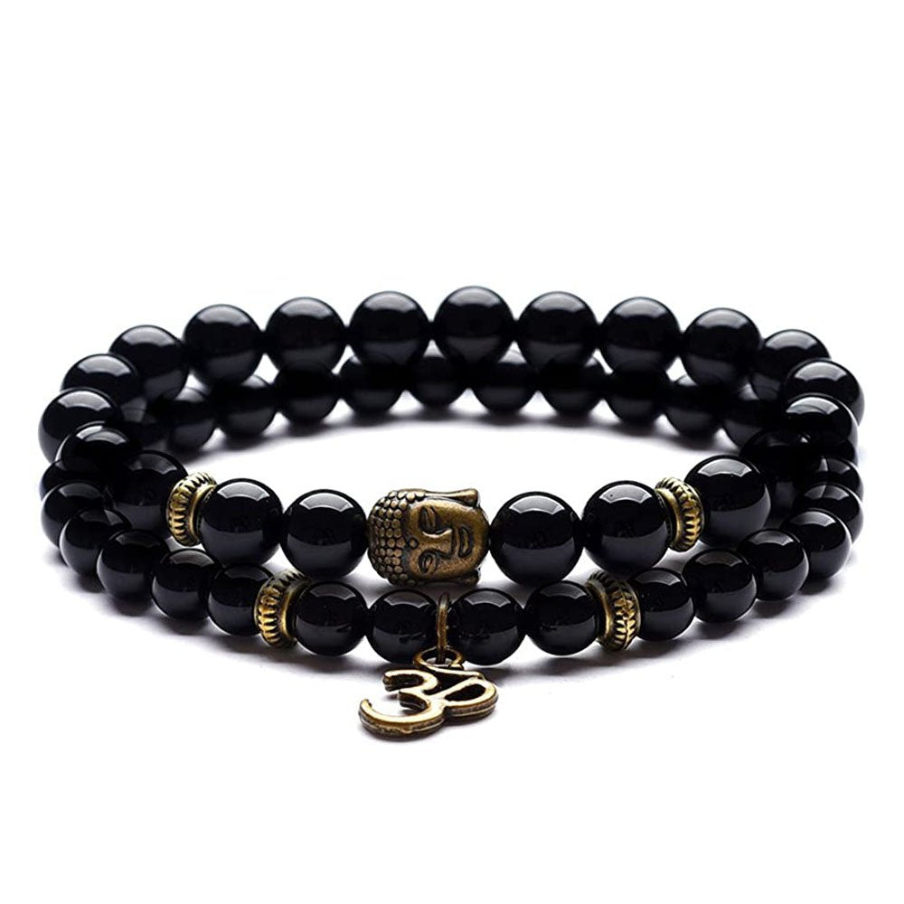 2PCs Glossy Black Beads OM Buddha Onyx Bracelet for Men & Women image 2