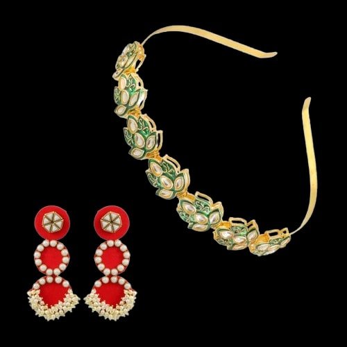 Ethnic Lotus Mathapatti Hairband and Earrings Set image 1