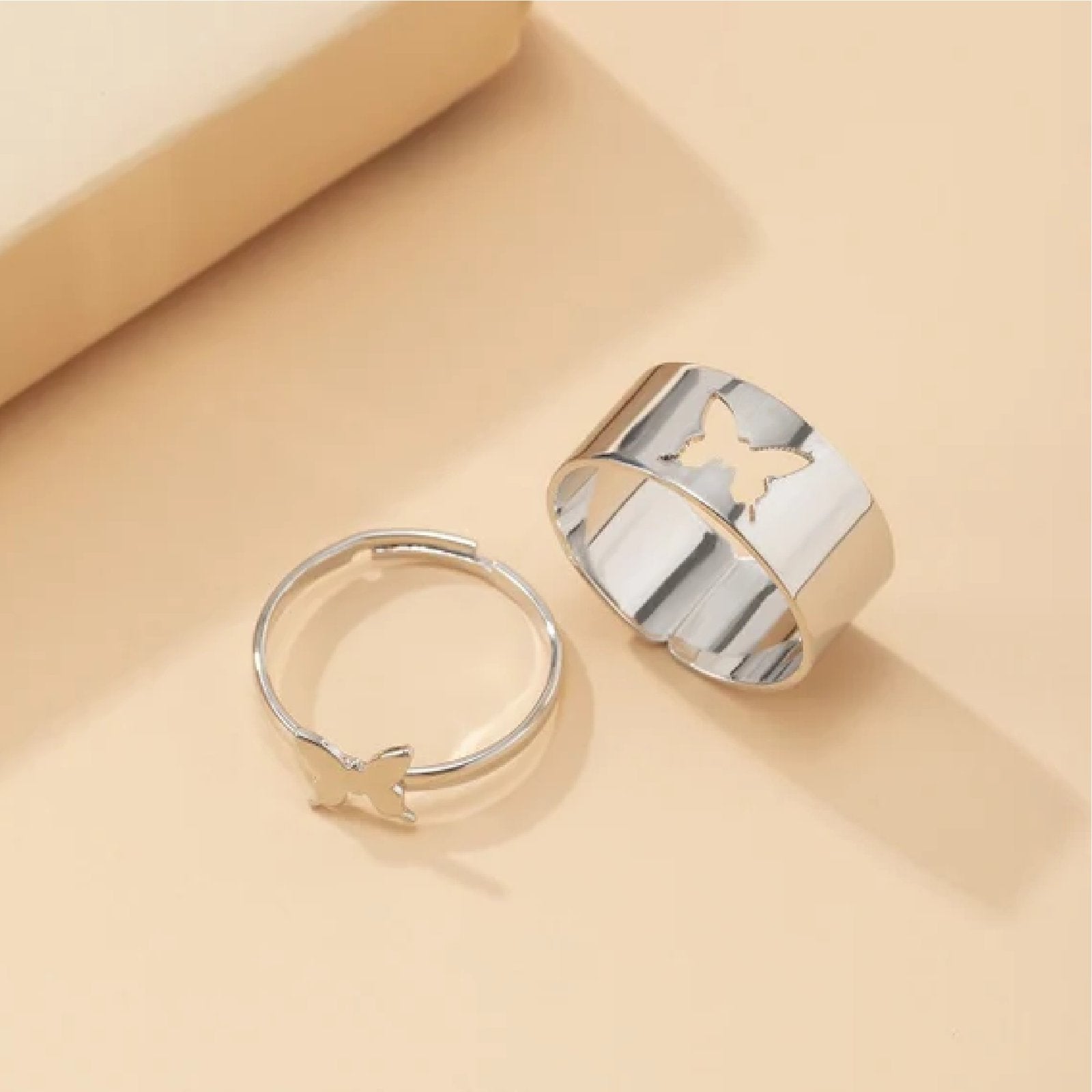 Adjustable Silver-Plated Butterfly Rings for Couples image 1