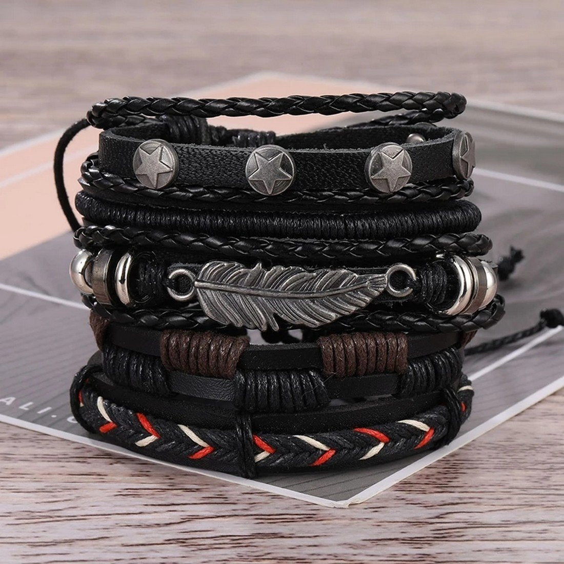 Men's Rugged Leather & Feather Arm Braided Bracelet Combo Set image 2