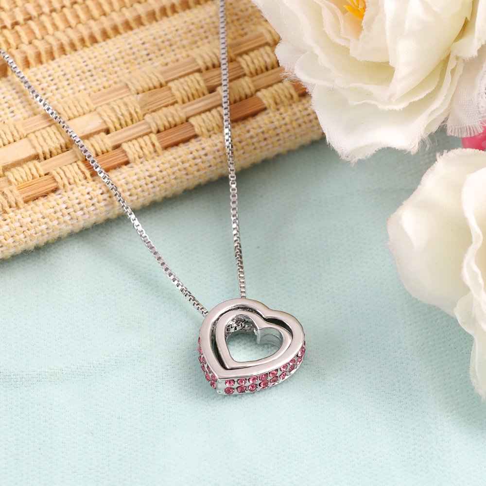 Double Silver-Plated Pink Crystal Heart Pendant Necklace image 1