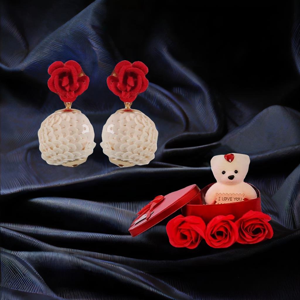 Red Rose Dangle Earrings & Red Teddy Bear Combo Gift Set image 2