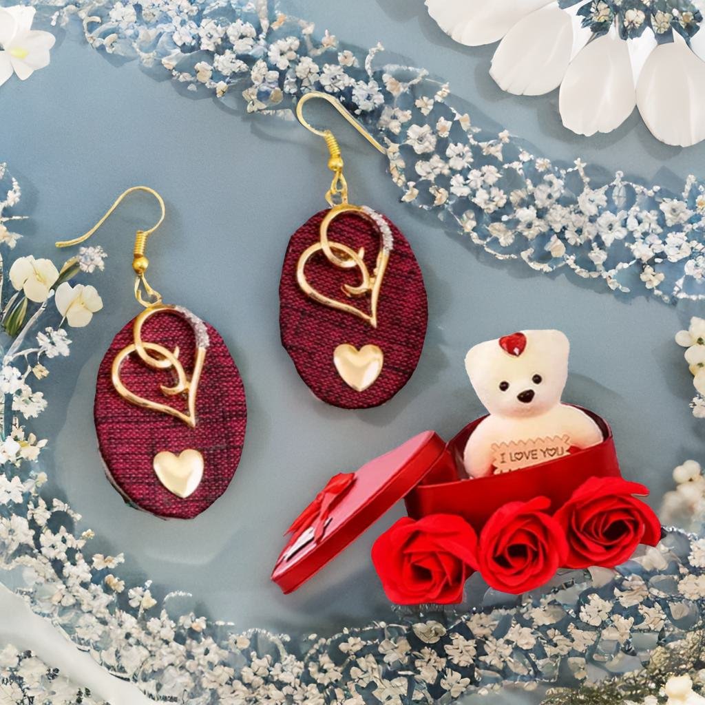 Heart Dangle Earrings &Red Teddy Bear Combo Set image 3