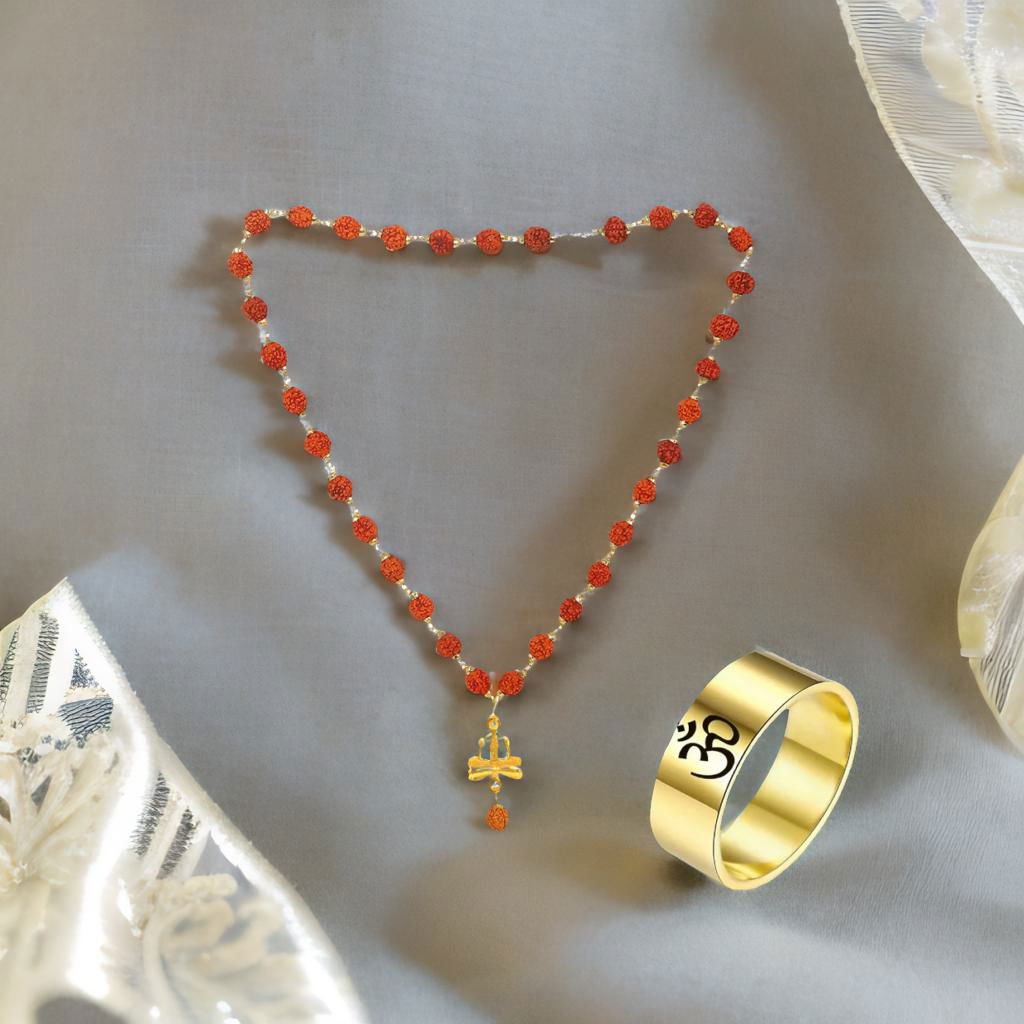 Men's Gold-Plated Rudraksh Trishul Pendant Necklace & OM Golden Ring Combo Set image 1
