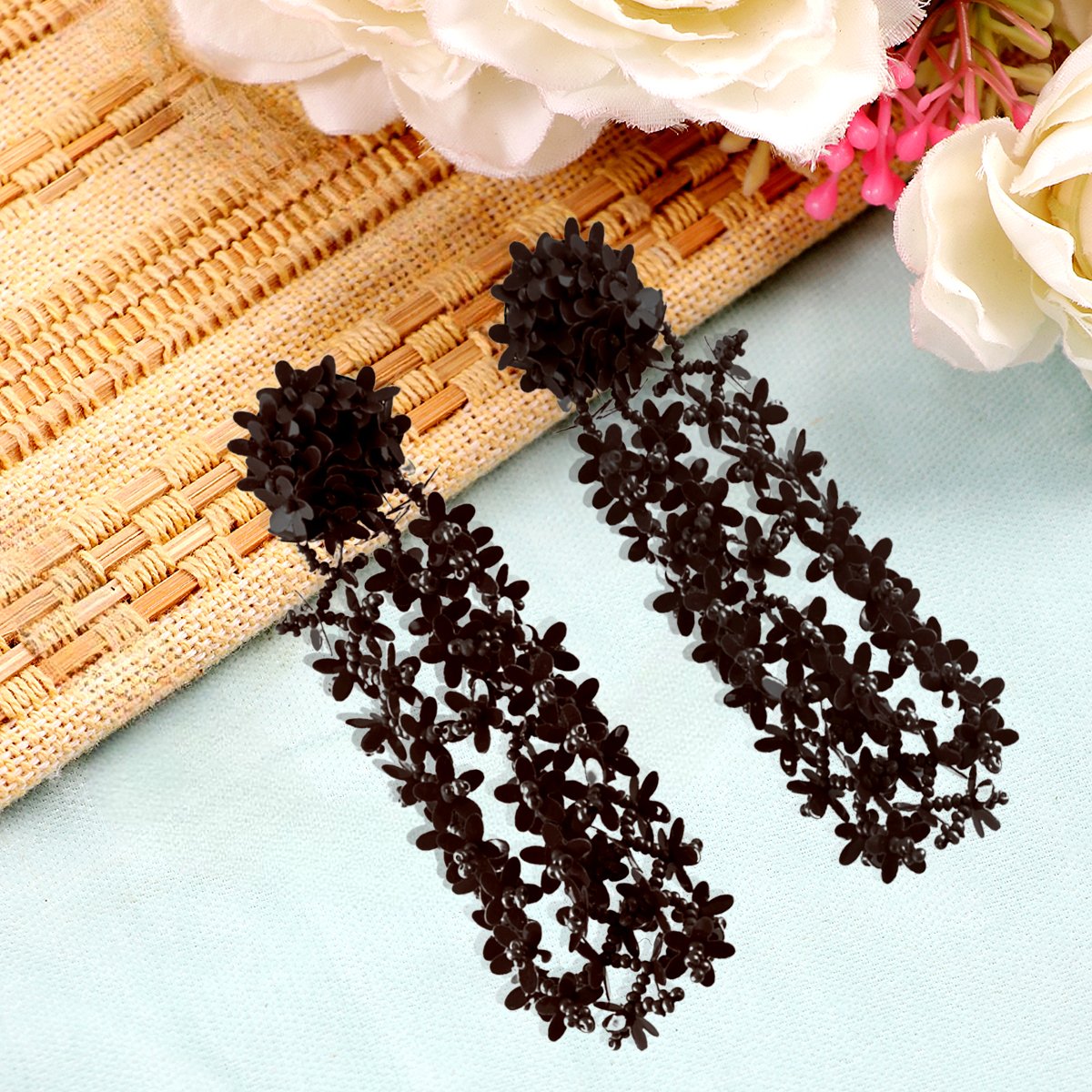 Black Floral Classic Tasselled Drop Earrings image 2