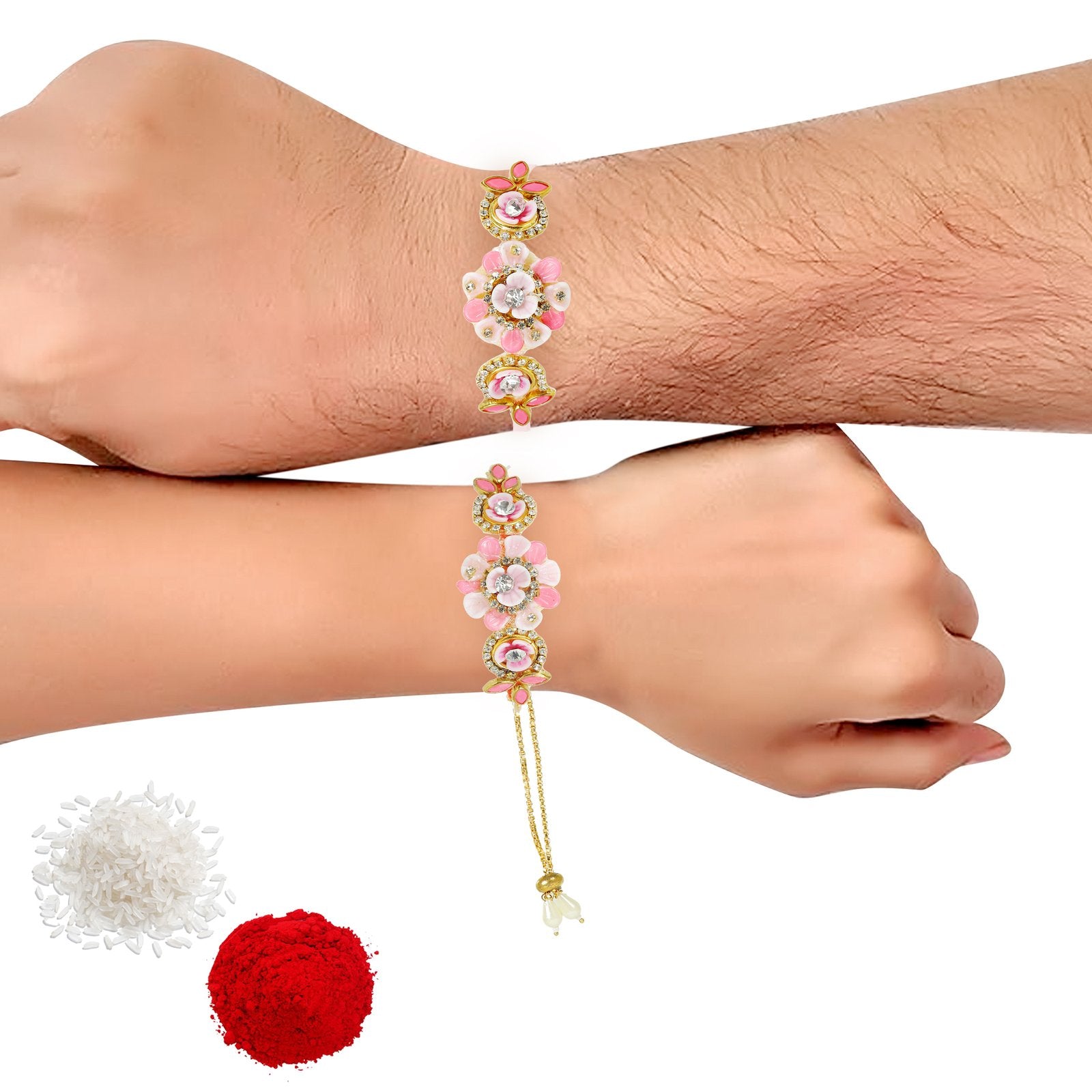 2 PCs Bhaiya Bhabhi Couple Kundan Zari Pearl Design Rakhi image 2