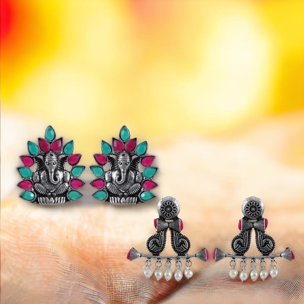 Oxidised Silver Stud Earrings Combo Set image 2