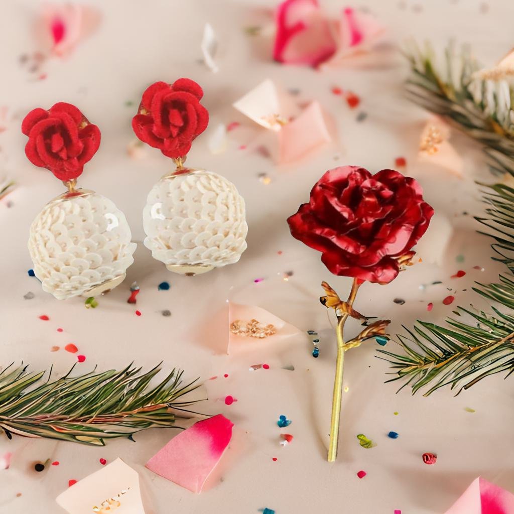 Red Rose Dangle Earrings & Red Rose Combo Gift Set image 1