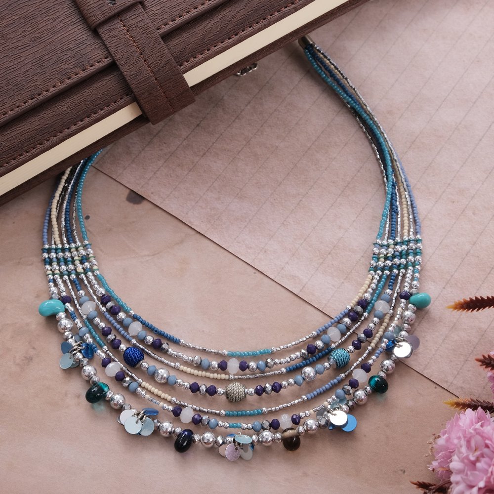 Bohemian Blue Multicolor Beaded Multi-layered Choker Necklace image 2
