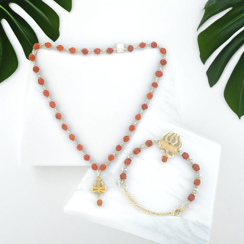 Men's Rudraksh Om Shiva Trishul Necklace & Rudraksh Bracelet Combo Set image 0