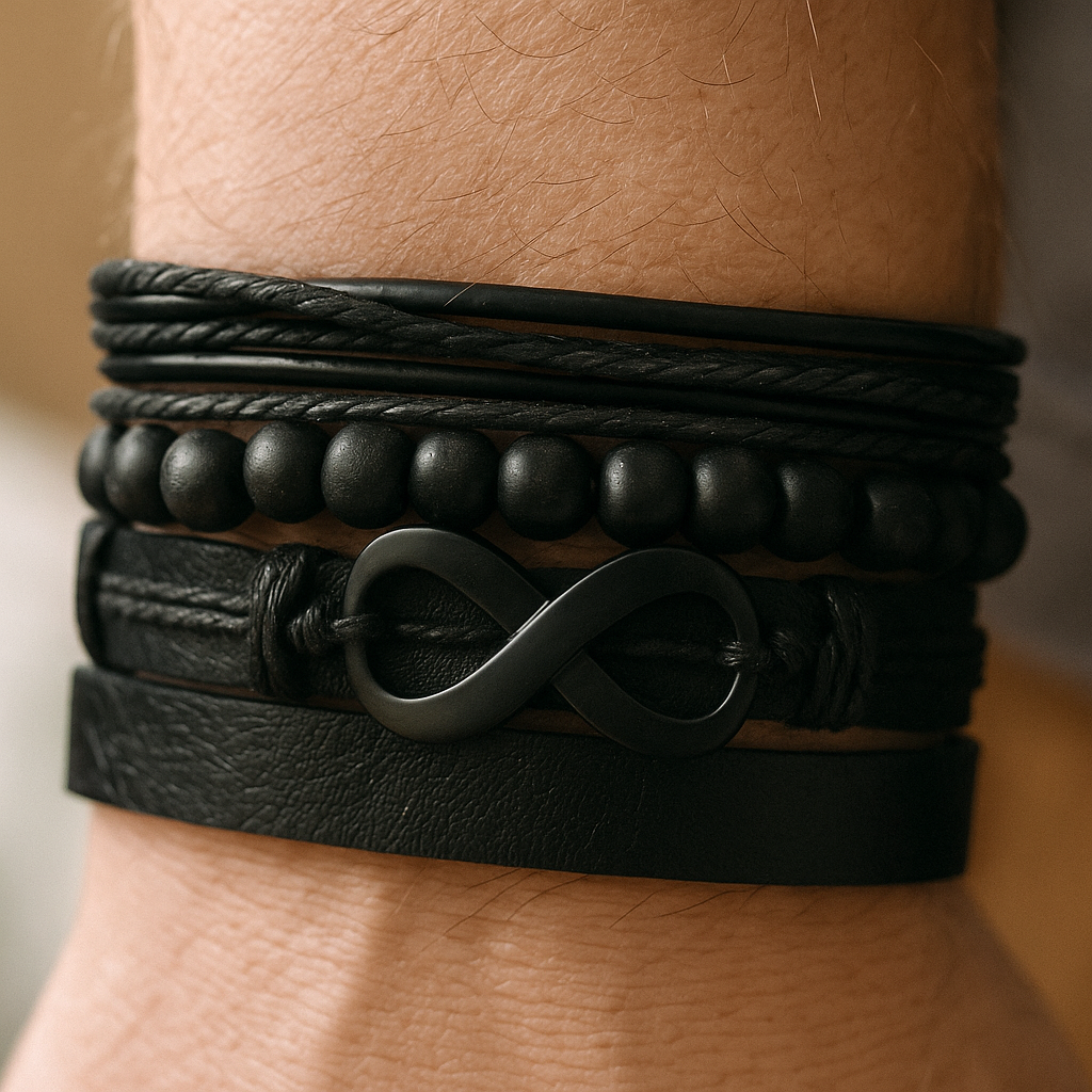 Pack of 4 Black Infinity Symbol Leather Bracelet Set for Men
