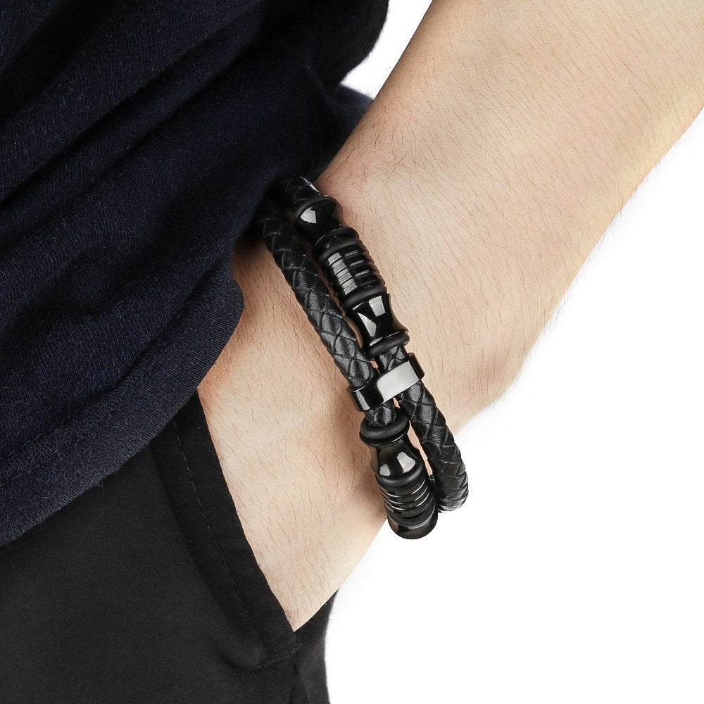 Men's Black Beaded Wrap Band Bracelet image 2
