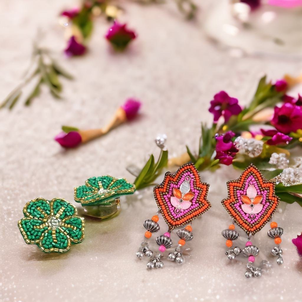 Handcrafted Beaded Drop & Dangler Earrings Combo Set image 0